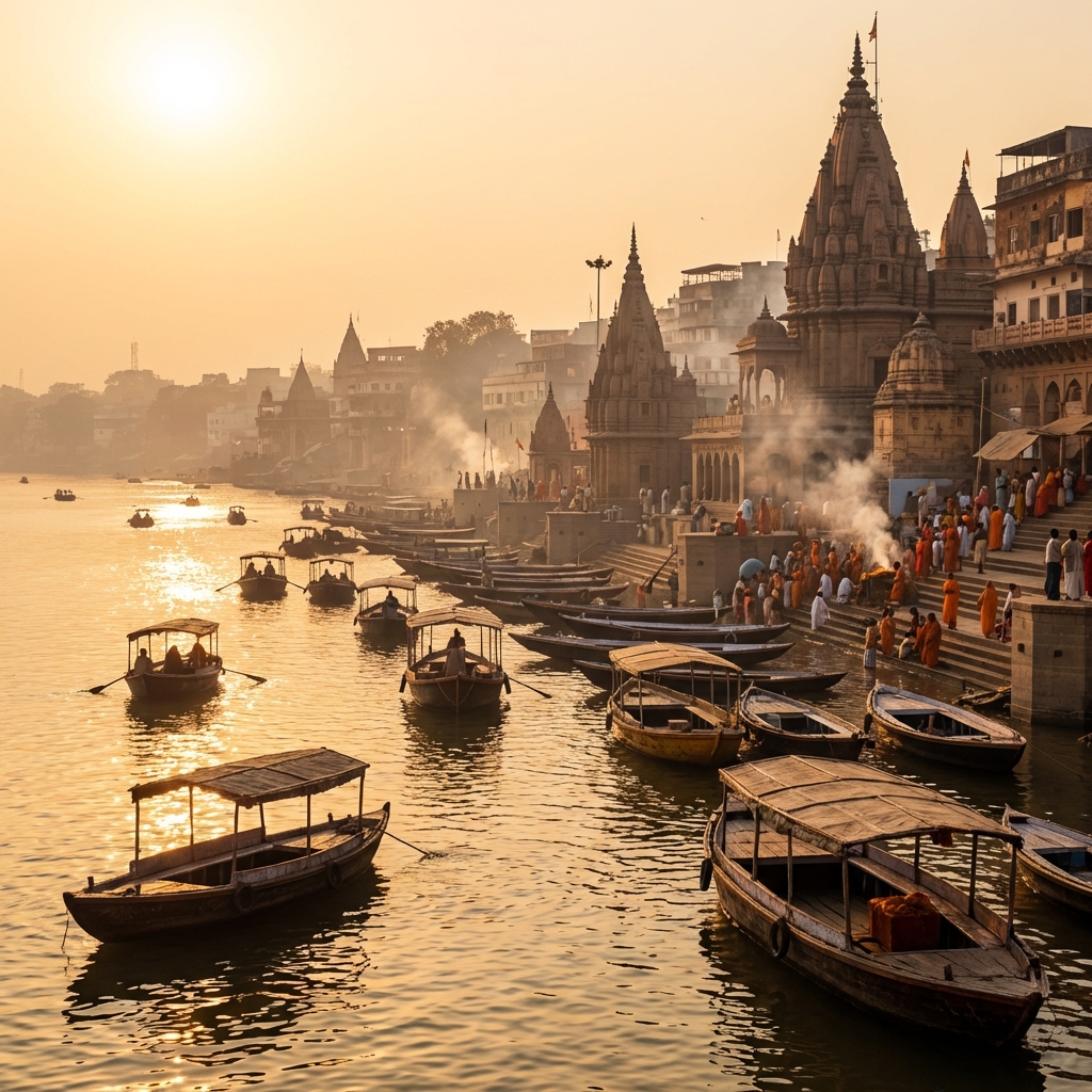 Lever de soleil doré sur le Gange à Varanasi avec des bateaux traditionnels